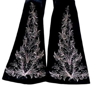 St. John Couture Suede Leather flare floral embroidered print Pants Black